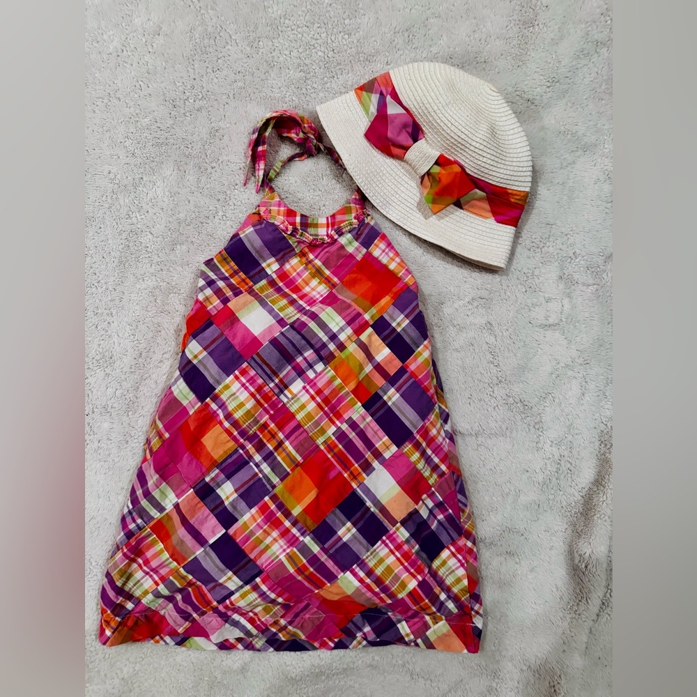 Janie and Jack Multicolor Plaid Halter Dress with Hat